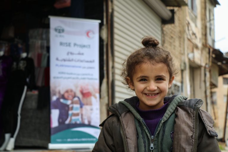 Children wearing winter clothing provided by the RISE project in Aleppo